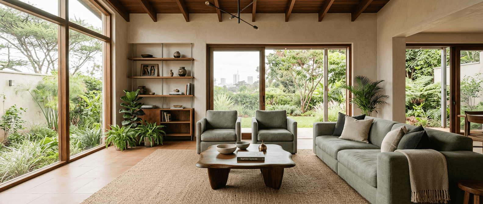 Illustrative interior with natural materials, greenery and considered space planning.